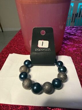 Paparazzi Navy Blue and Silver Chunky Beaded Stretch Bracelet